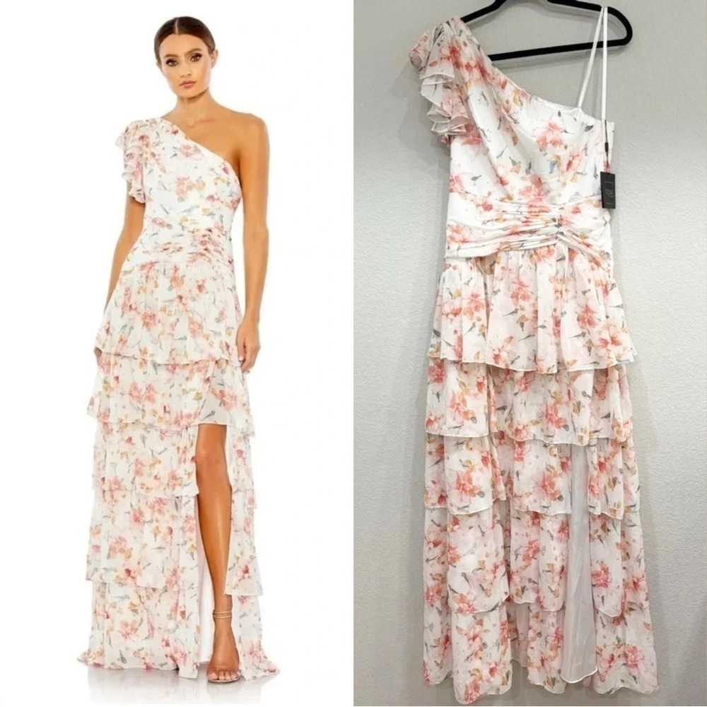 Size 8 Mac Duggal Floral Print Ruffle Tiered One Shoulder Gown Spring Dress